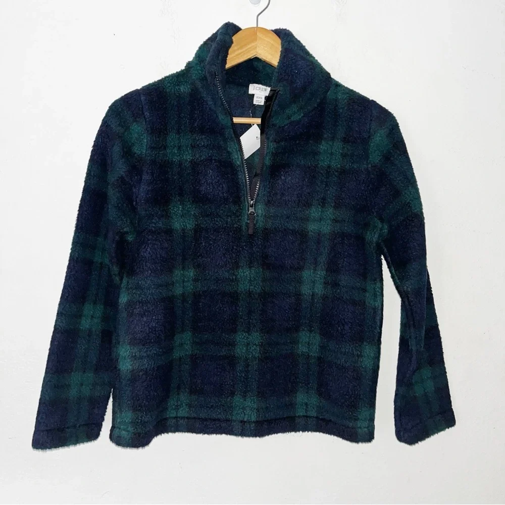 NWT J.Crew Blue Green Watch Plaid Sherpa Fleece Half Zip Pullover Women's XXS